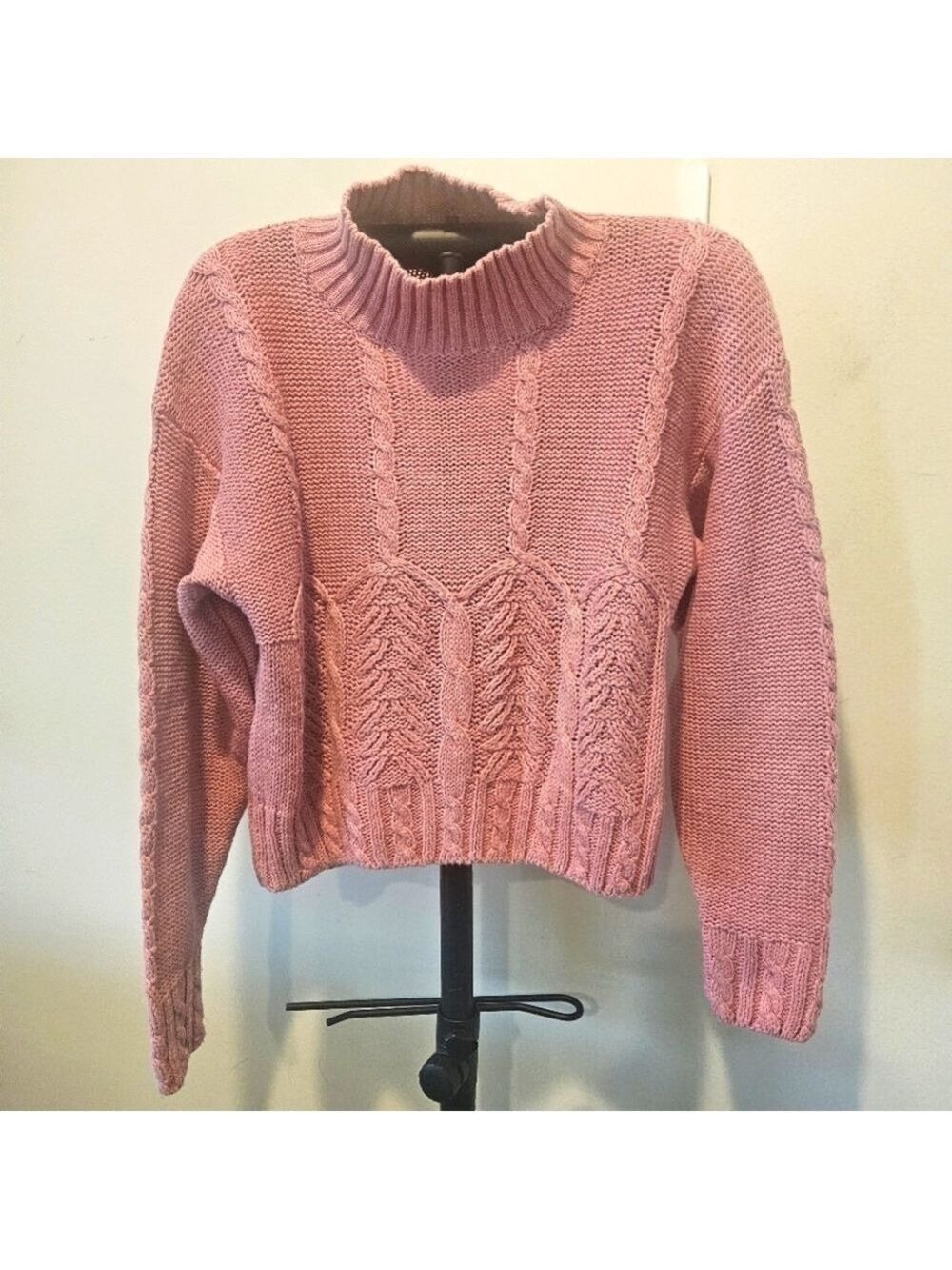 IDIOMS VINTAGE 80s WOMEN'S PINK CHUNKY CABLE KNIT TURTLENECK SWEATER SIZE MEDIUM